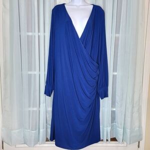 Lauren Ralph Lauren Ruched Faux Wrap Midi Dress 20W Blue Long Sleeve Stretch
